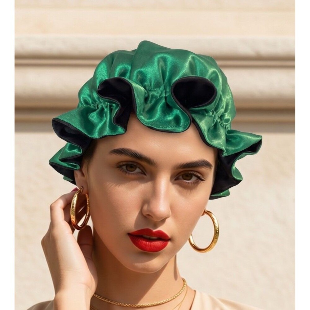 Reversible Satin Sleep Bonnet Hat – Black & Green – Extra Large, Elastic Fit
